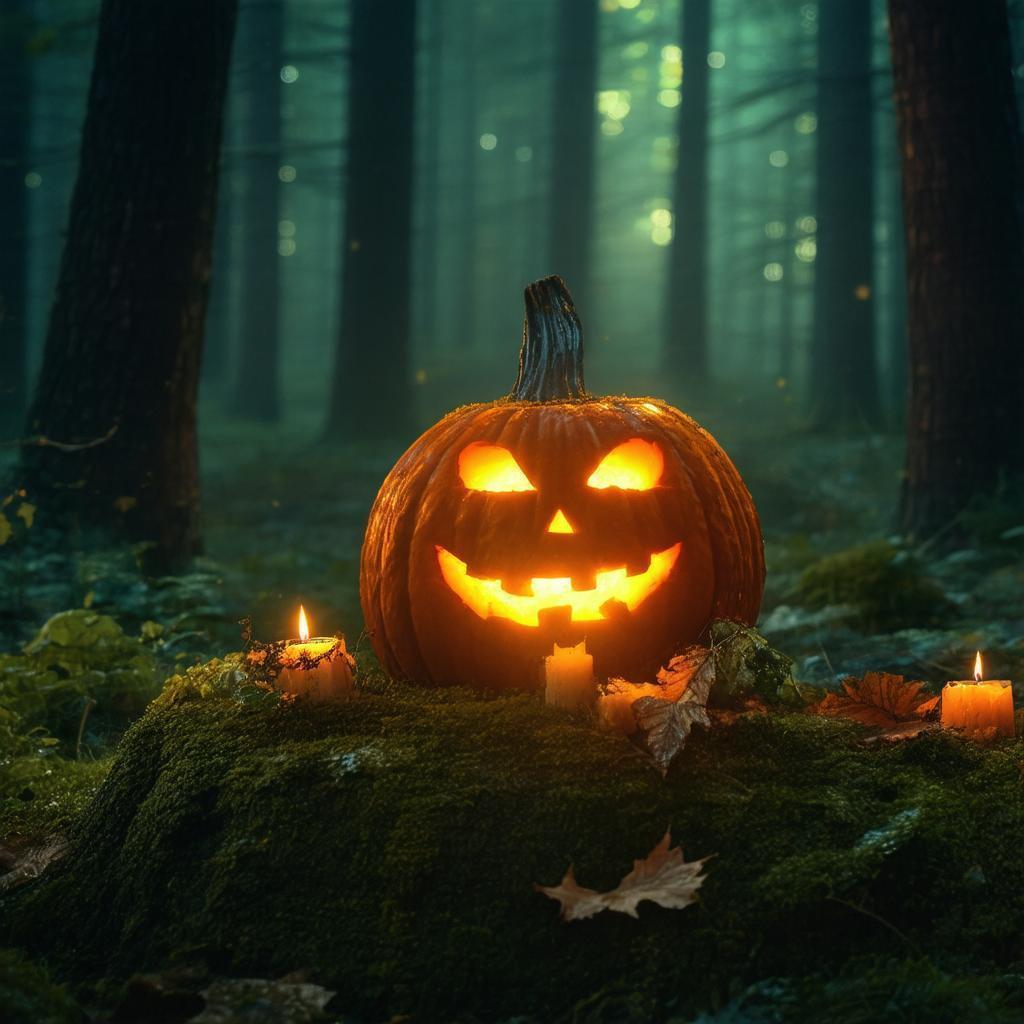 Glowing Candlelit Pumpkin in a Deep Forest