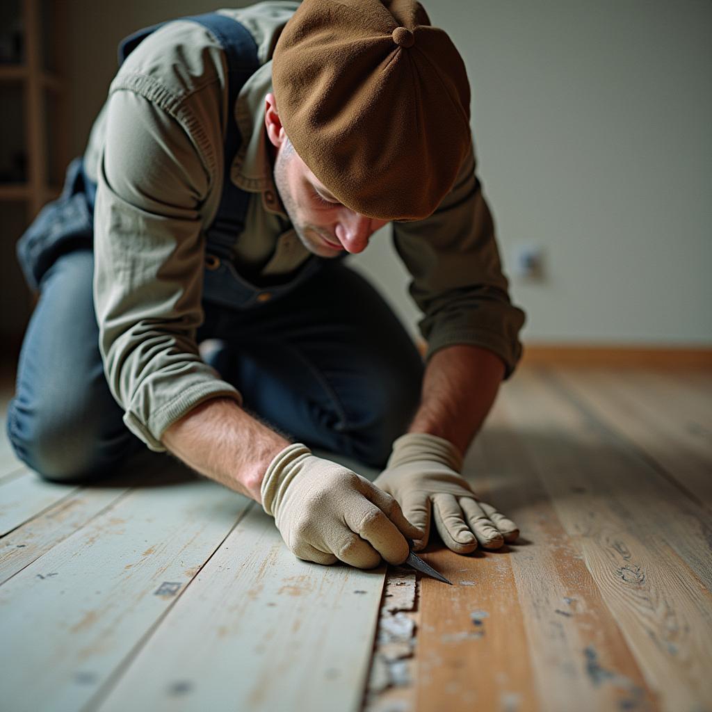 French Craftsman Laying Parquet Style Vinyl Floors