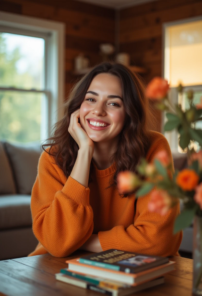 Woman Orange Sweater Rustic