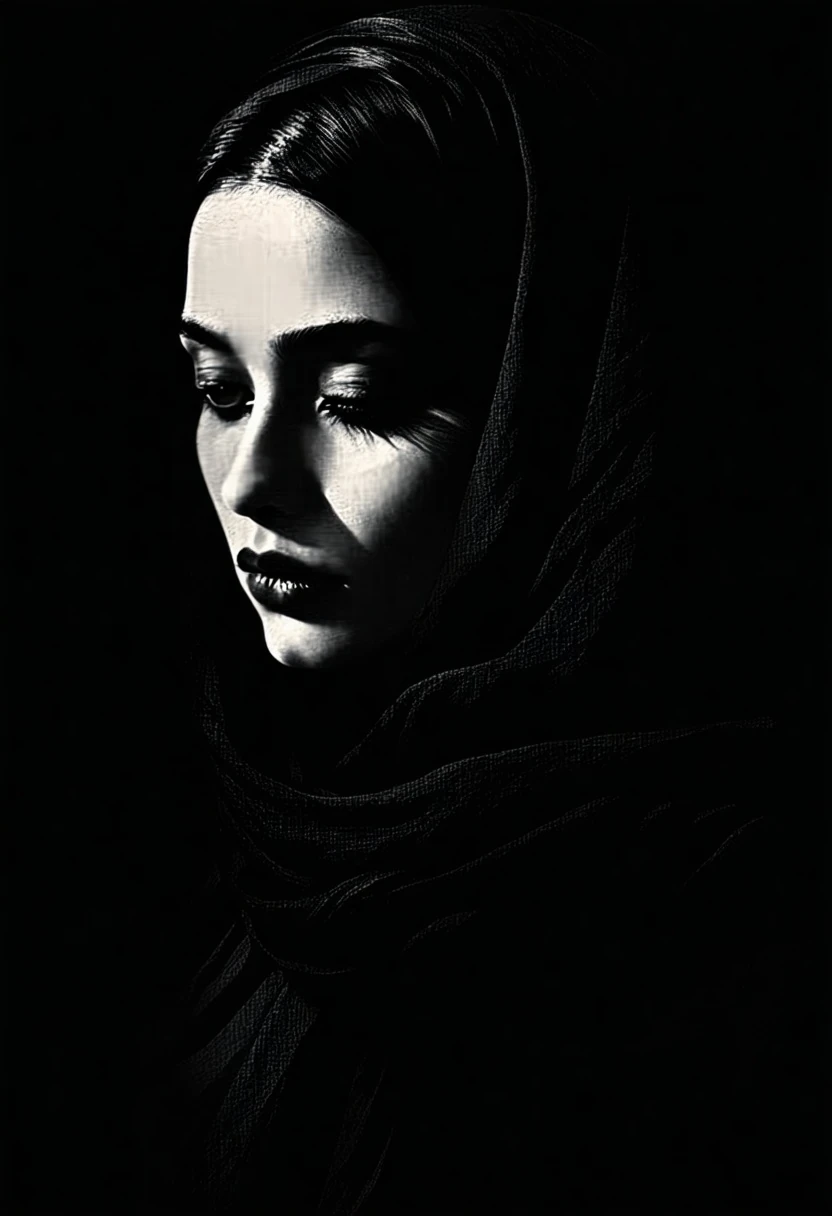 Woman Mezzotint Shadow Portrait