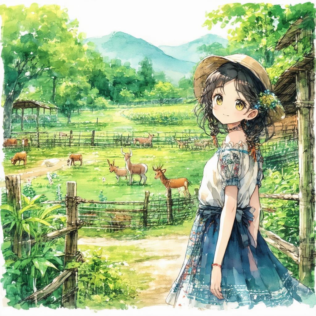 Manga Girl Explores a Lush Vibrant Farm