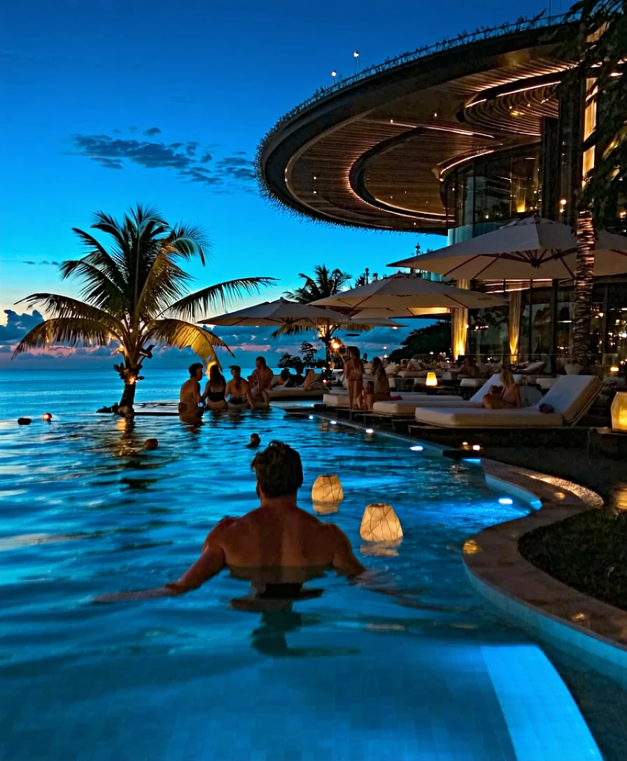 Infinity Pool Sunset Luxury Lights