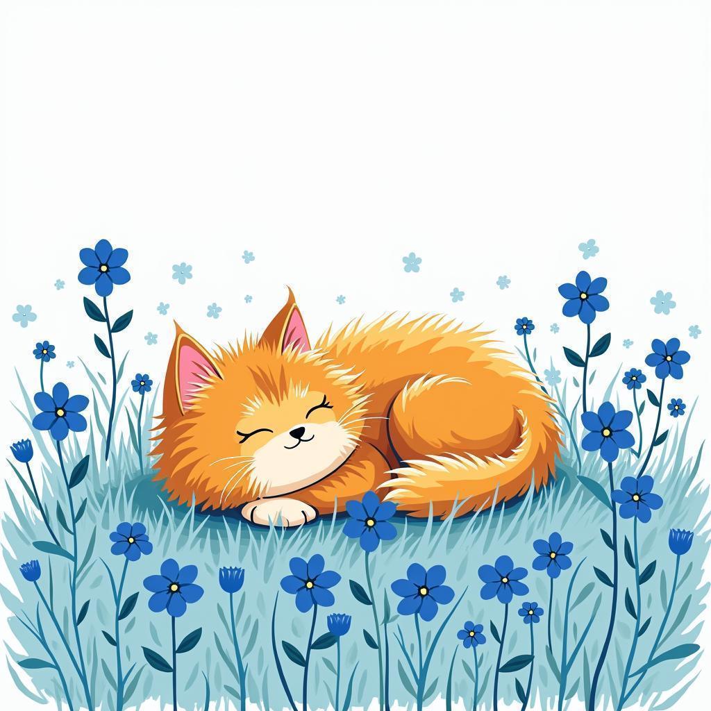 Fluffy Orange Cat Naps Among Blue Flowers