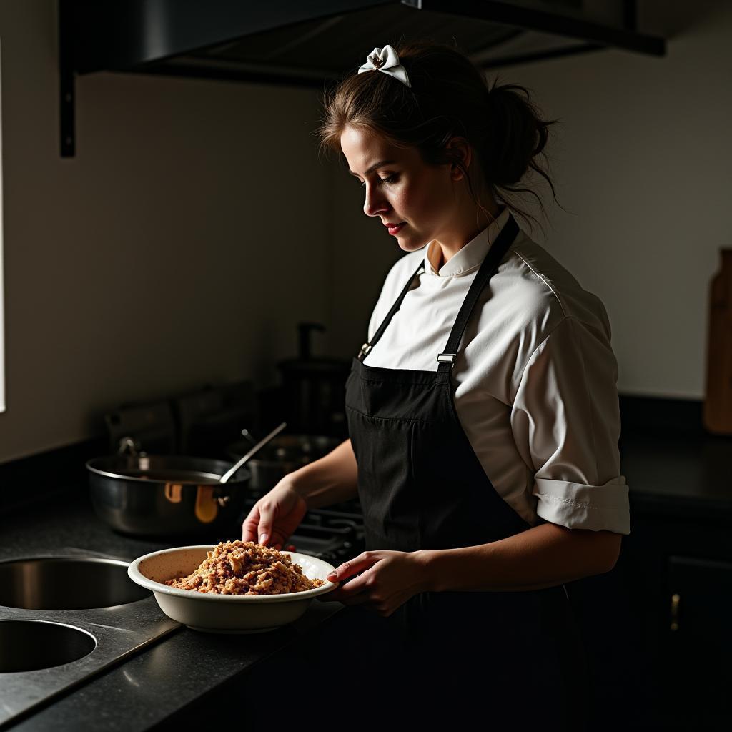 Elegant Maid in a Dramatically Lit Kitchen