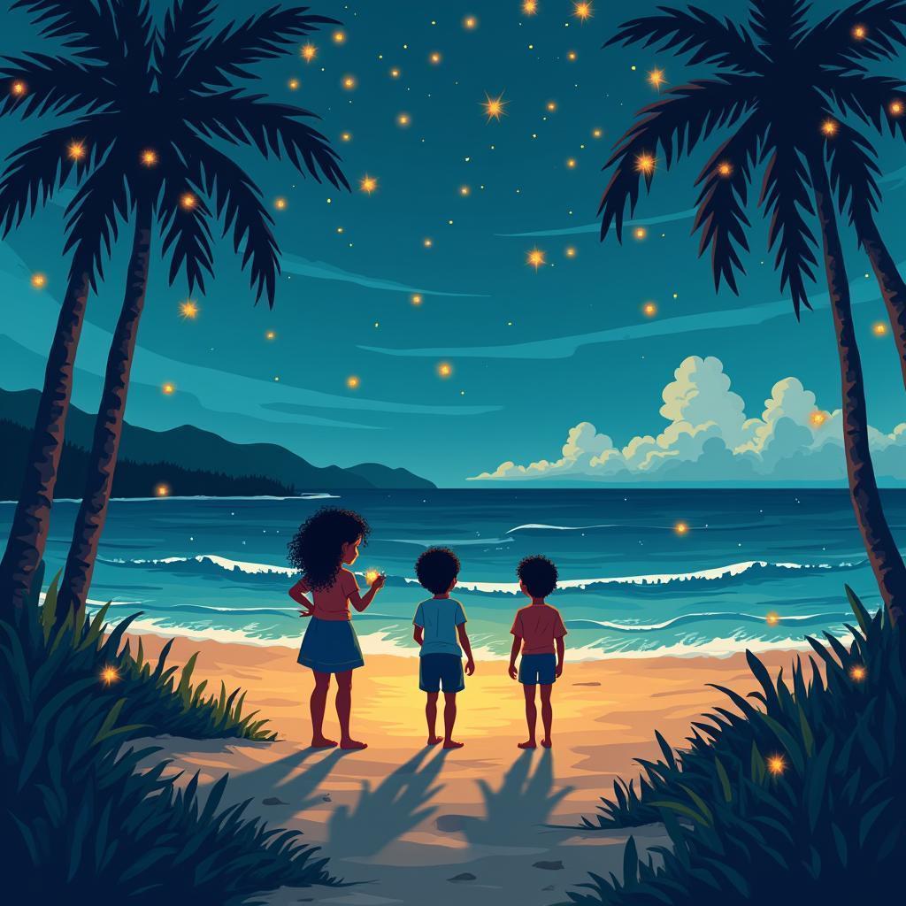 Cutout Silhouettes Watching Fireflies on the Beach