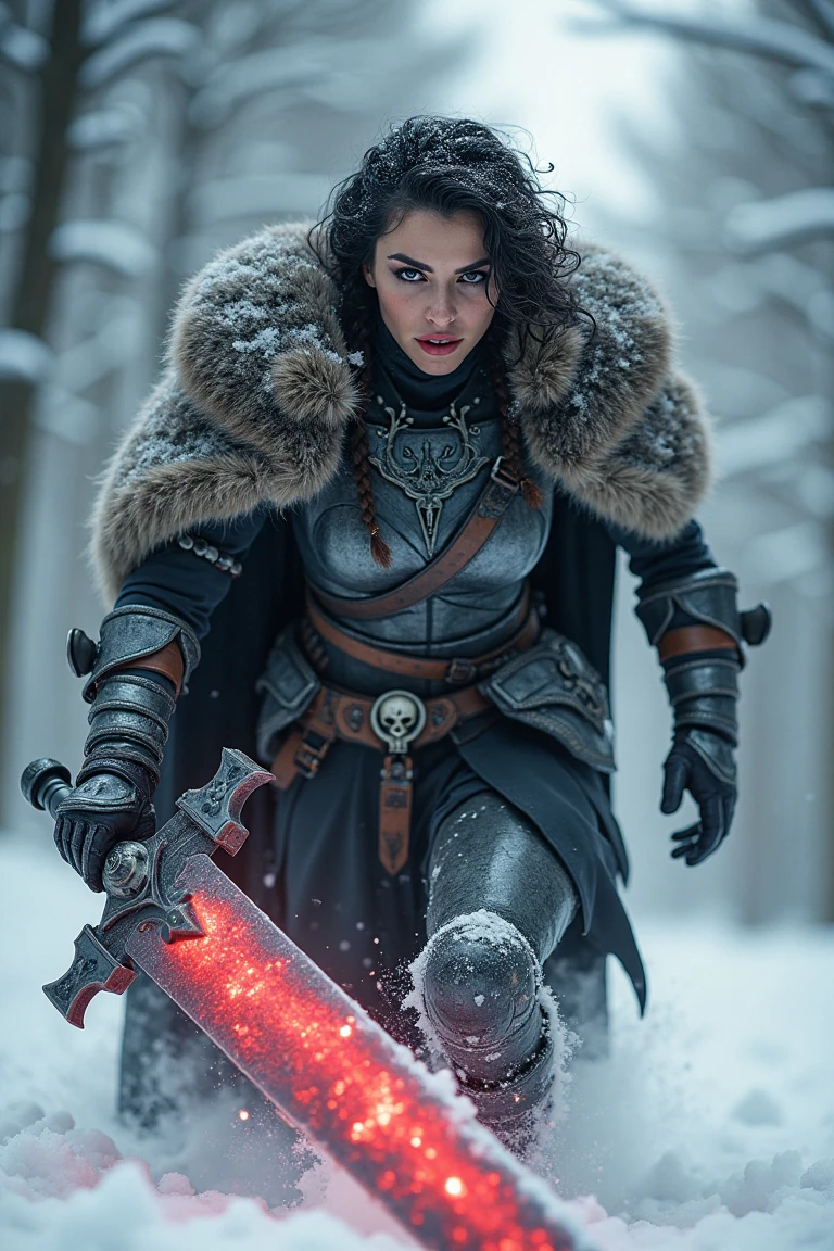Barbarian Woman Snowy Forest Sword