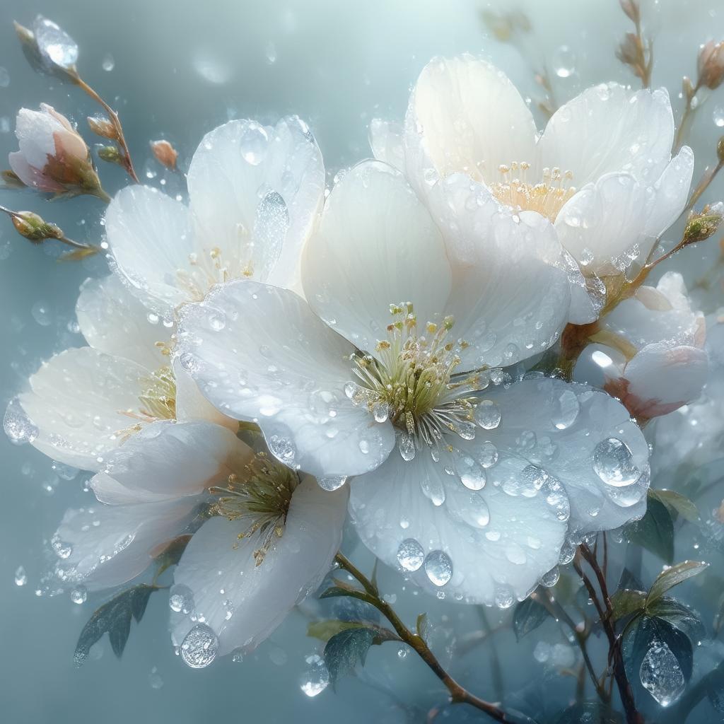Dewdrop Gems on Ethereal White Blossoms