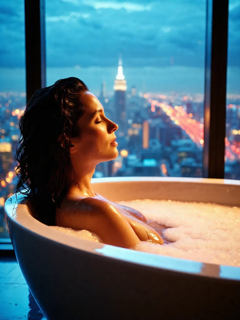 Woman Bubble Bath Sunset Skyline