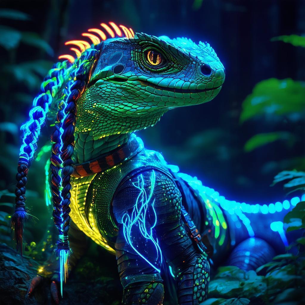 Bioluminescent Werelizard Roams the Neon Cyber Swamp