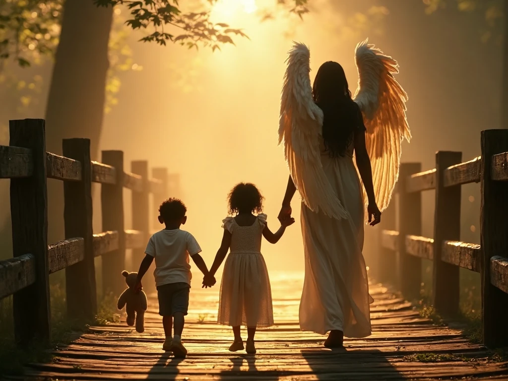 Guardian Angel Guiding Children Across Bridge