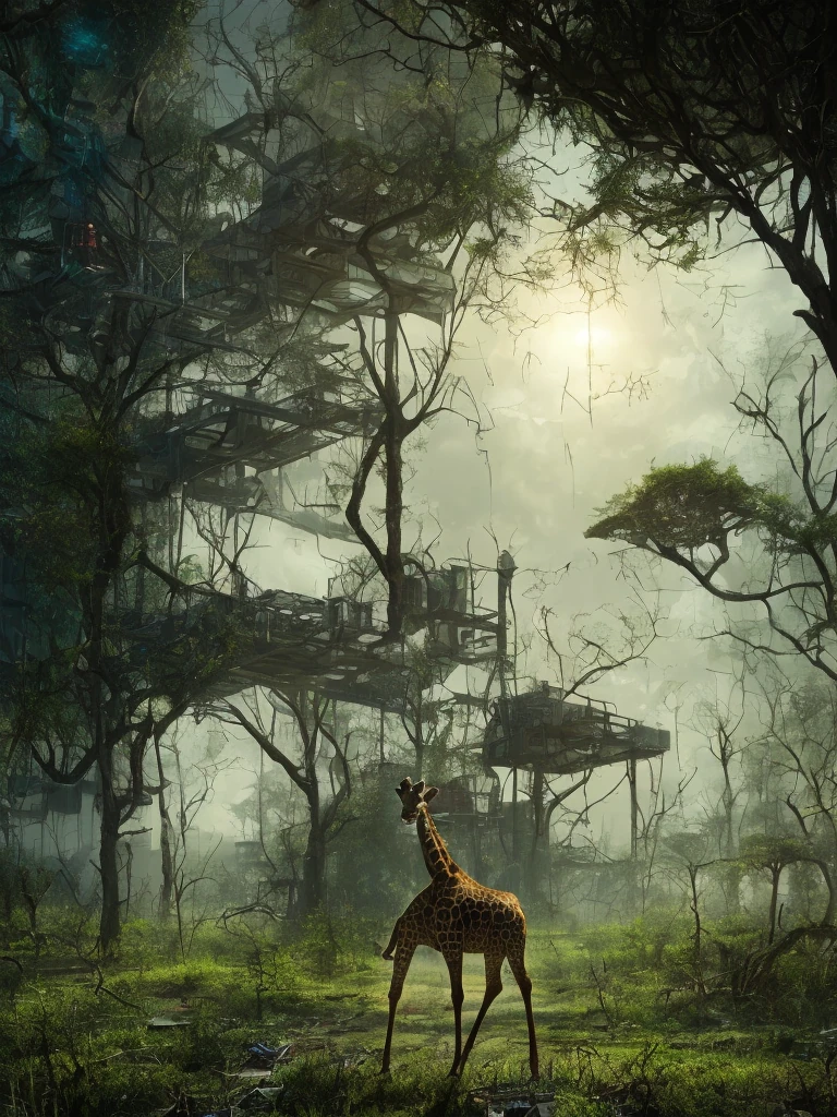 Giraffe Dystopian City Vegetation