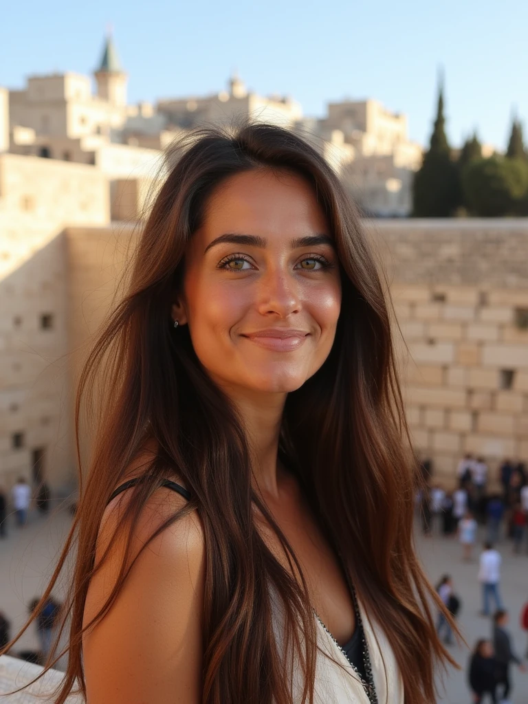 Woman Sunlit Historic Setting Cheerful