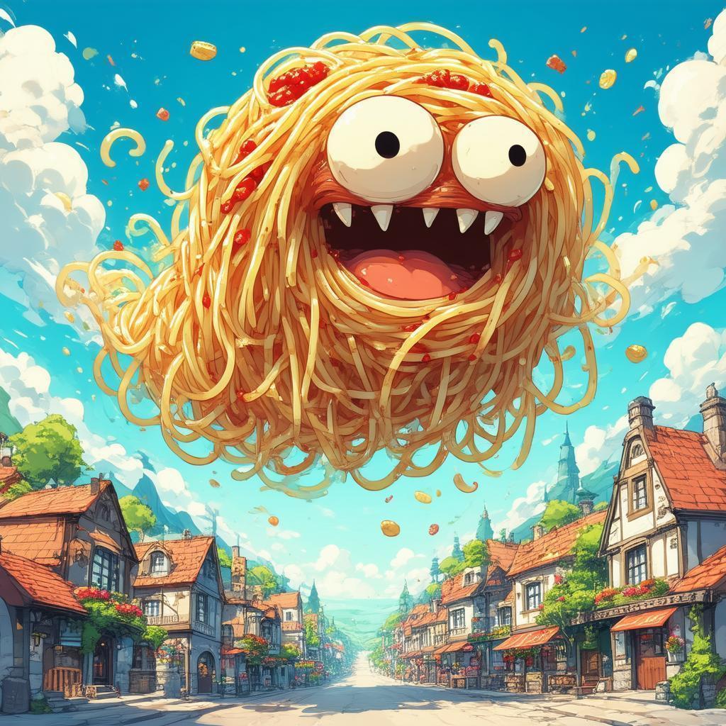 Spaghetti Monster Soars Over a Chibi Town