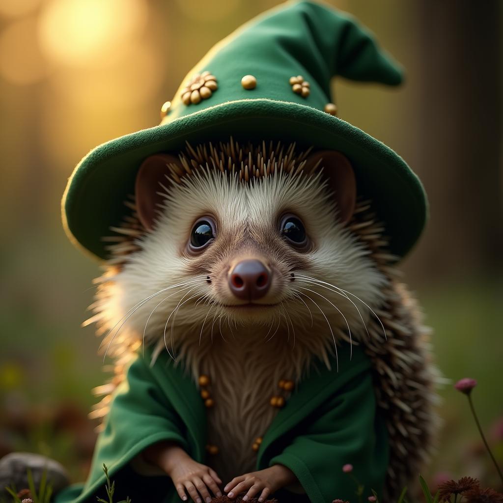 Astonished Hedgehog Wizard in an Emerald Hat