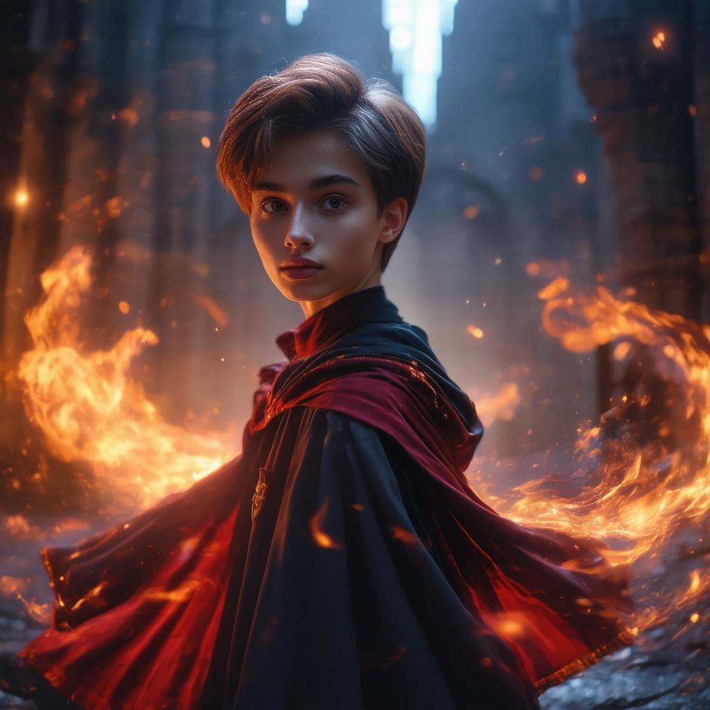 Gryffindor Student Amid Swirling Magical Fire