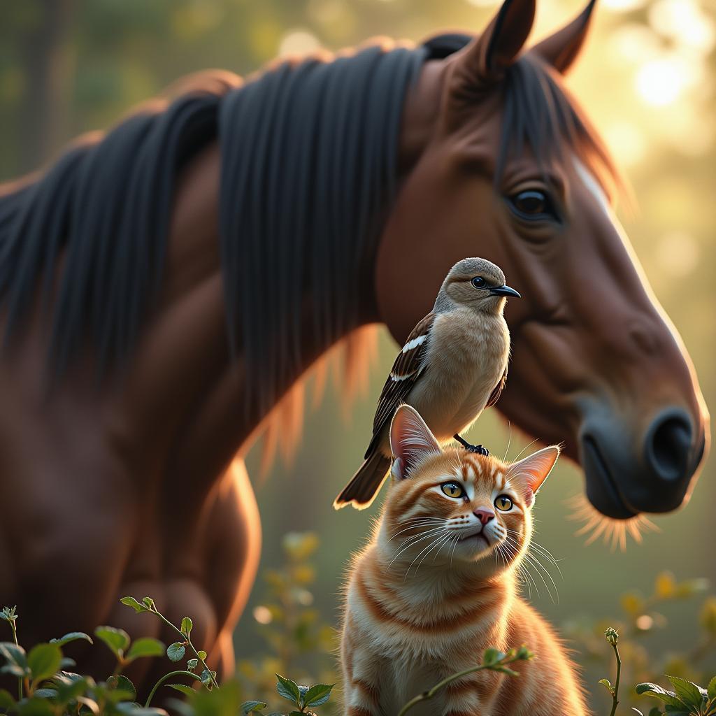 Bird Perched on Cat Beneath Watchful Horse