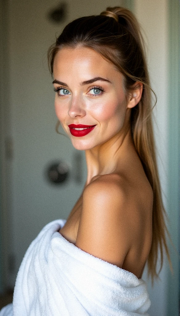 Woman High Ponytail Towel Portrait