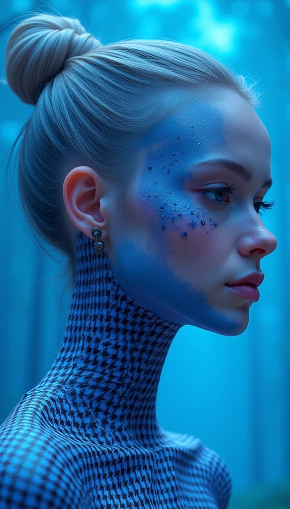 Woman High Bun Blue Paint