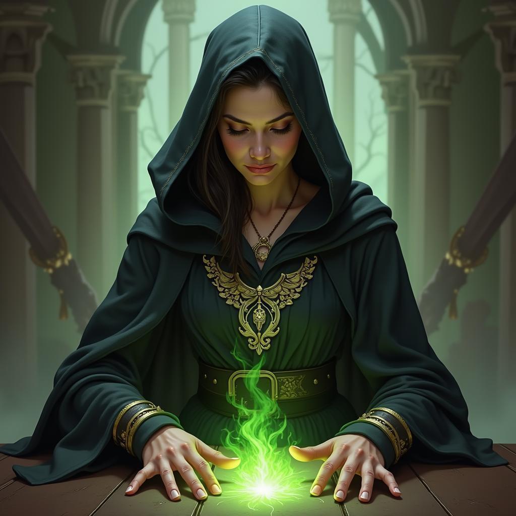 Sorceress Casting Green Spells in Gilded Robes