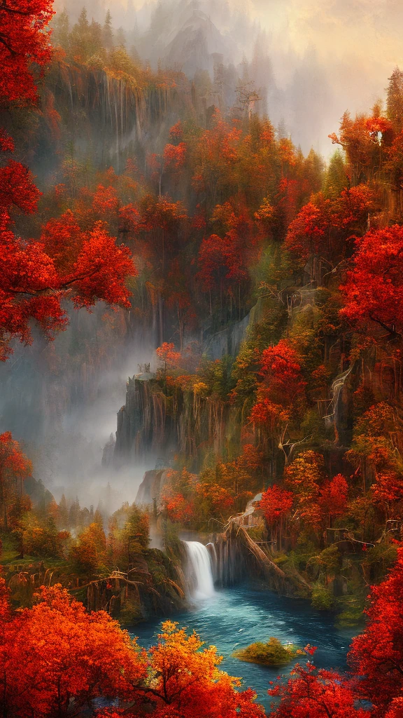 Autumn Red Waterfall Bokeh