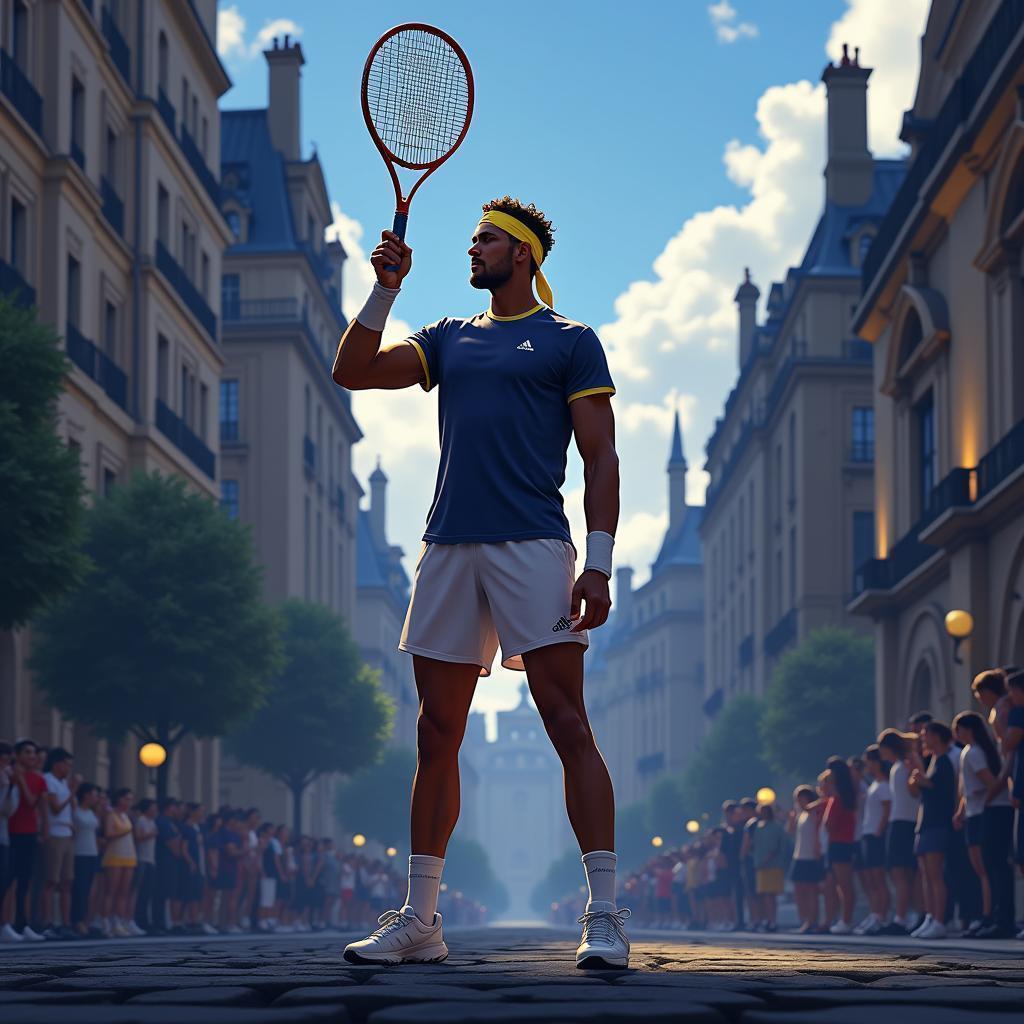 Tennis Champion Poised Before Parisian Skies