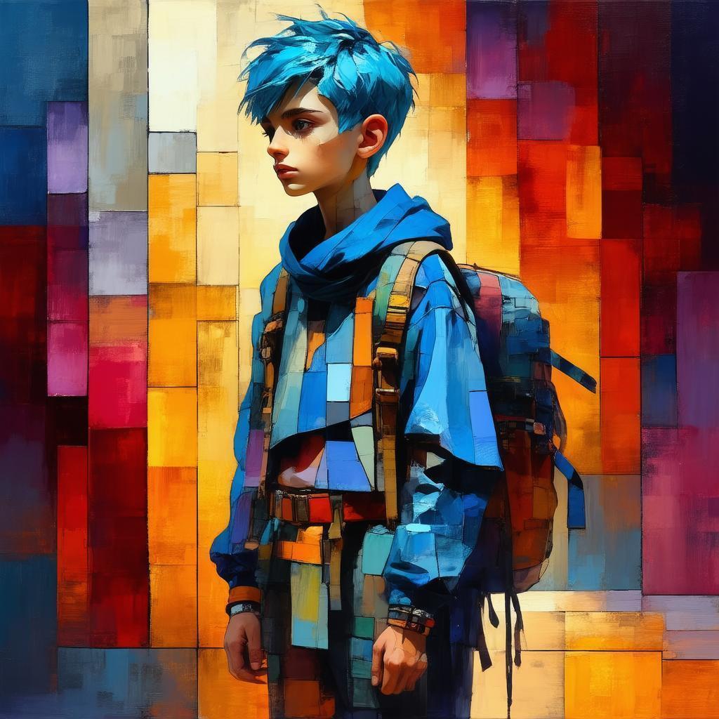 Cubist Explorer With Fragmented Blue Hair
