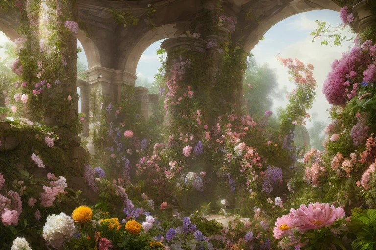 Garden Flowers Ancient Ruins