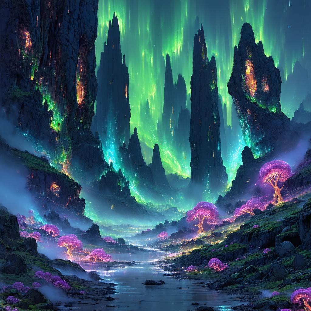 Eldritch Anime Aurora Over Misty Monoliths