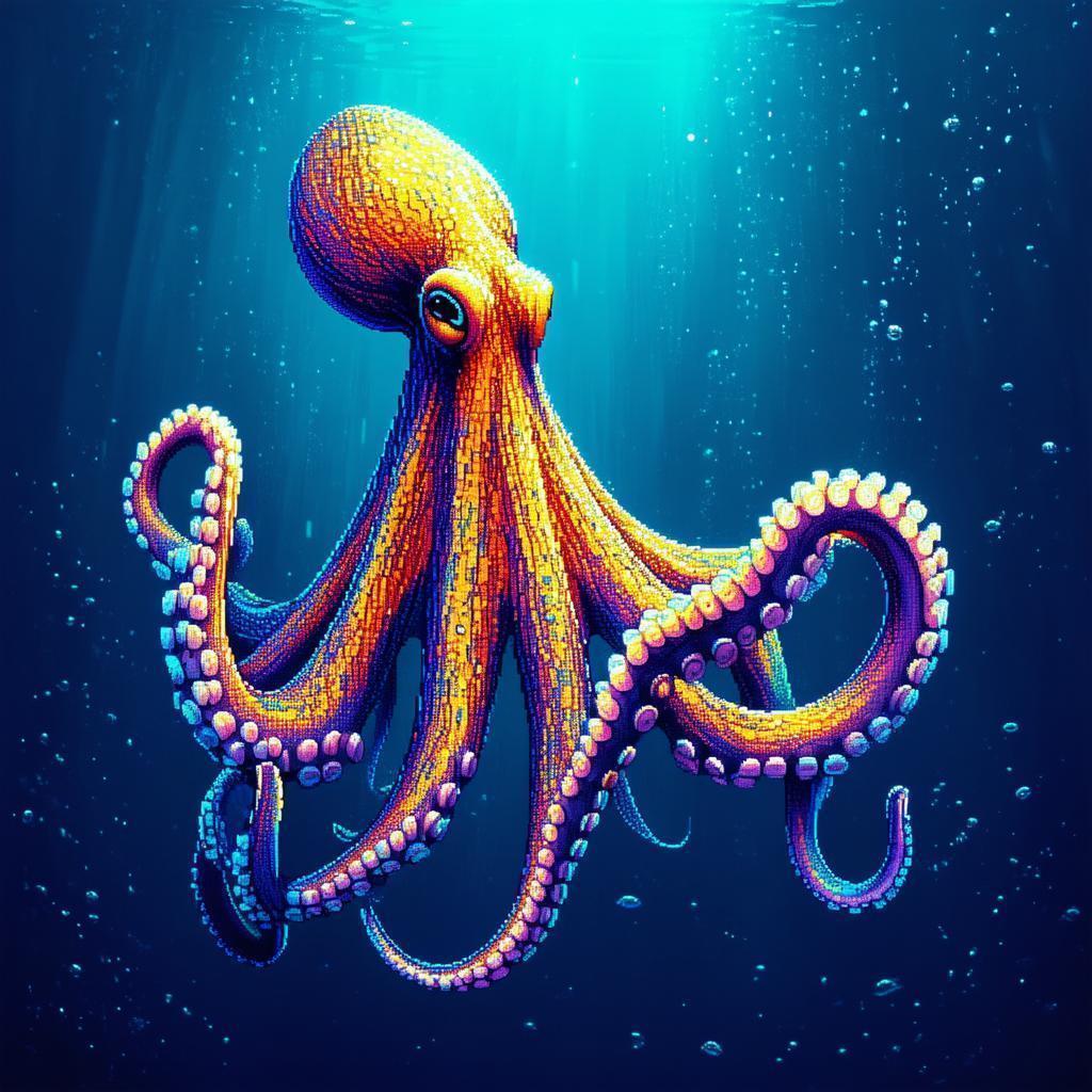 Vibrant Pixel Octopus in Deep Blue Glow