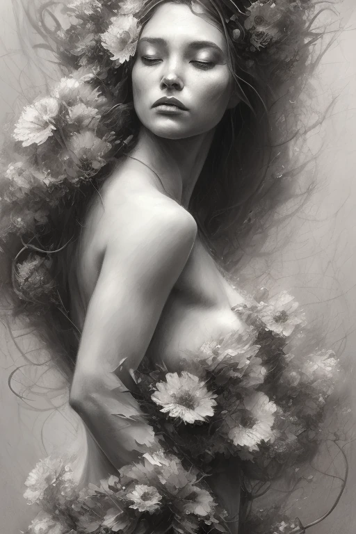 Woman Dancing Flowers Charcoal