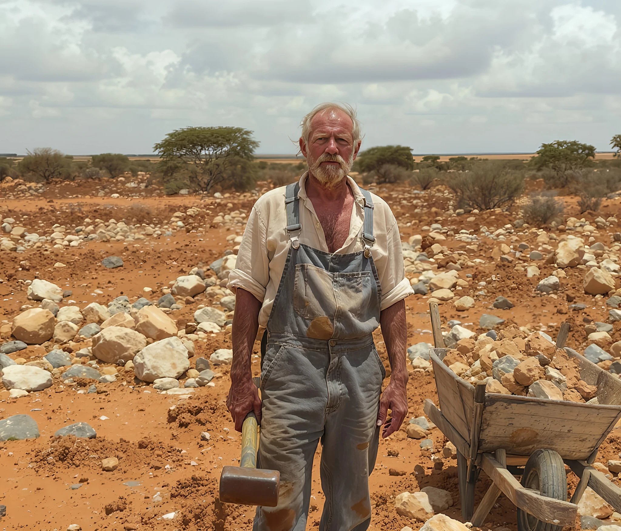 Farmer Hauling Rocks Wheelbarrow