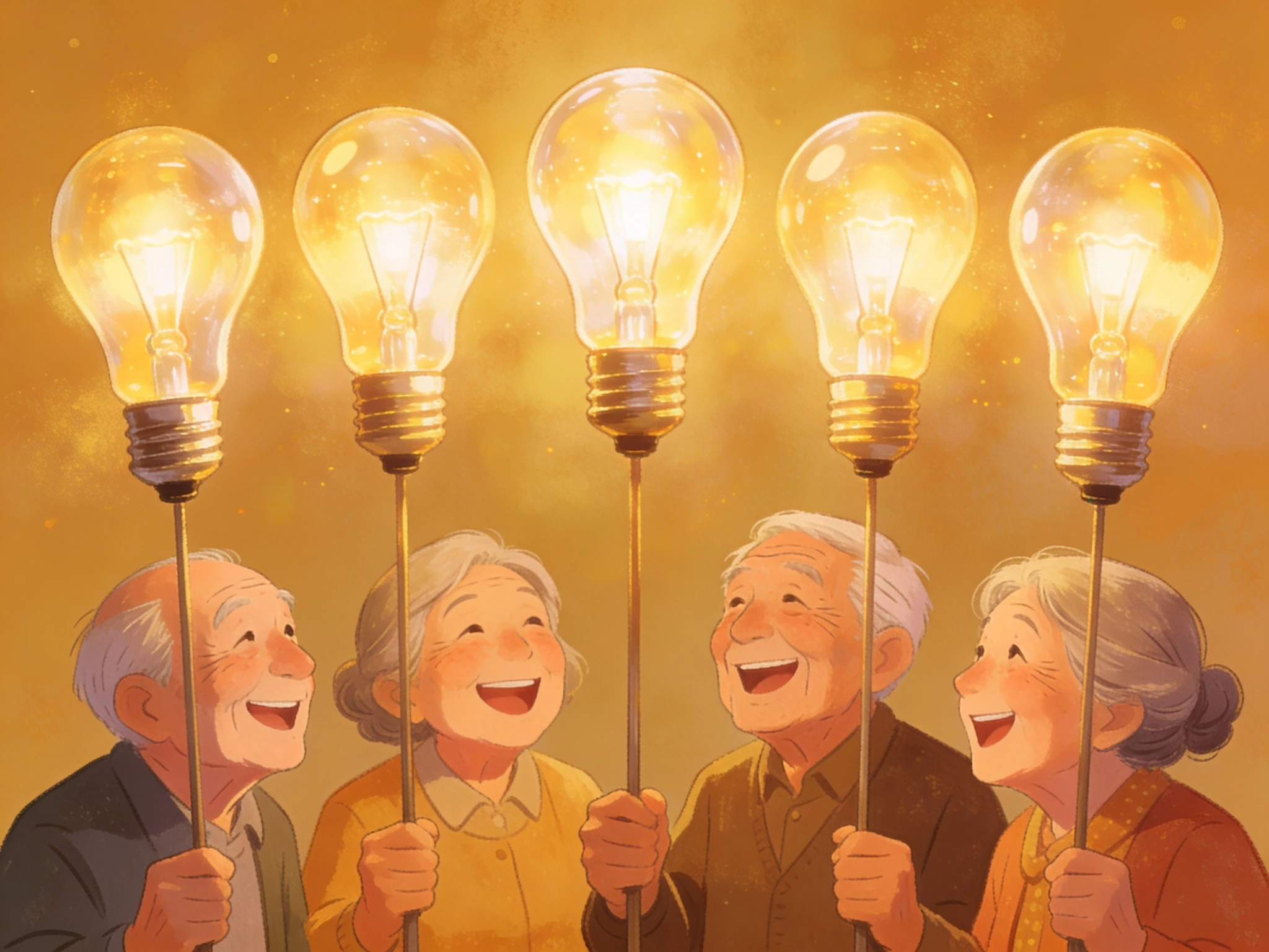 Elderly Friends Holding Light Bulbs