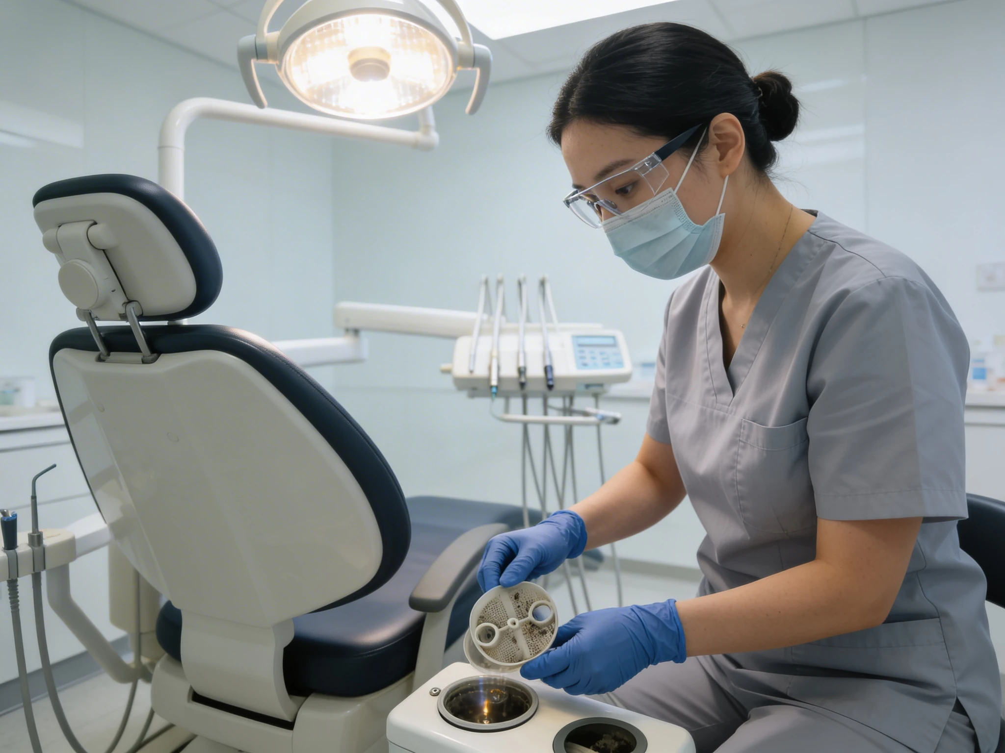 Dental Assistant Cleaning Suction Trap