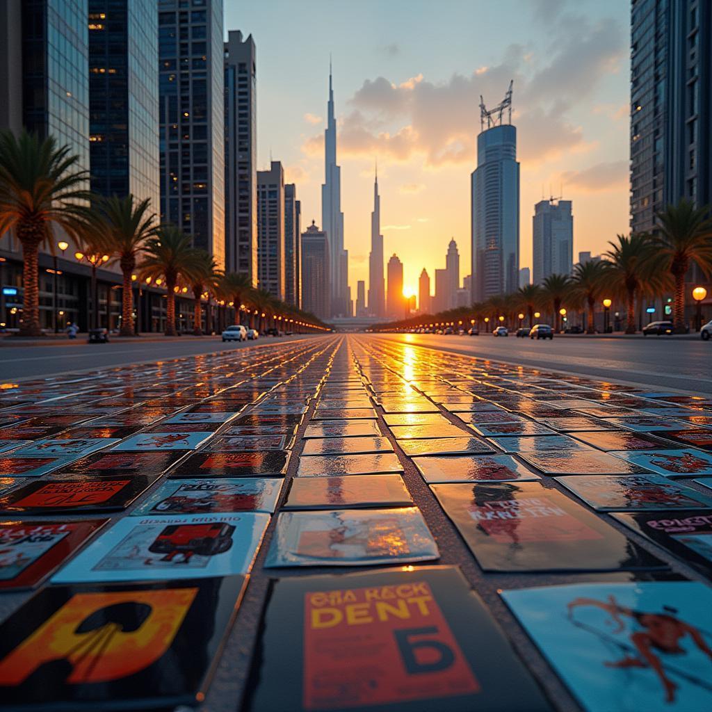 Album Cover Collage Against Dubai Dusk Skyline