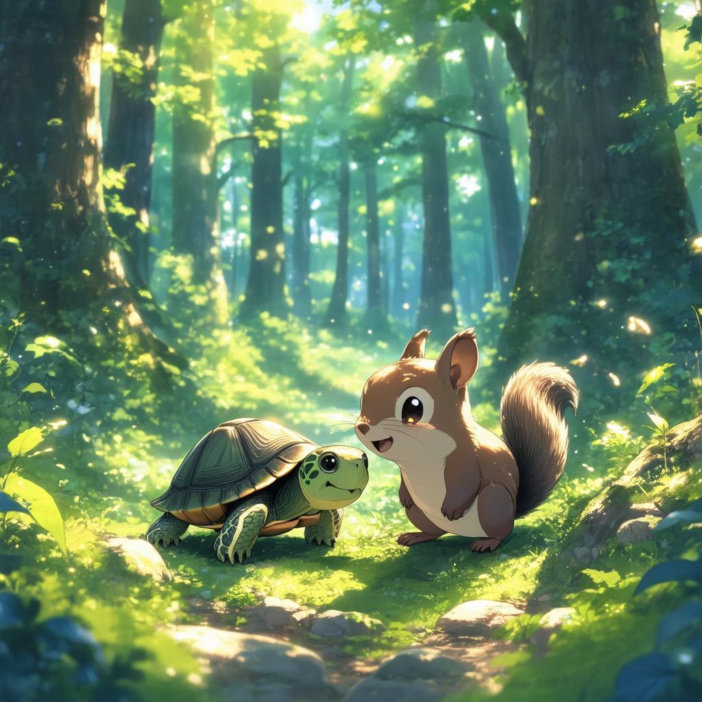 Turtle and Squirrel Friends in Ghibli Forest