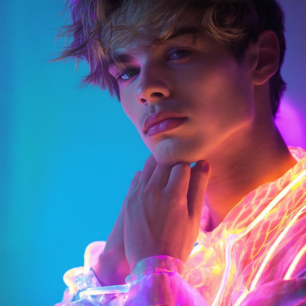 Pensive Neon Lit Face With Glowing Hands