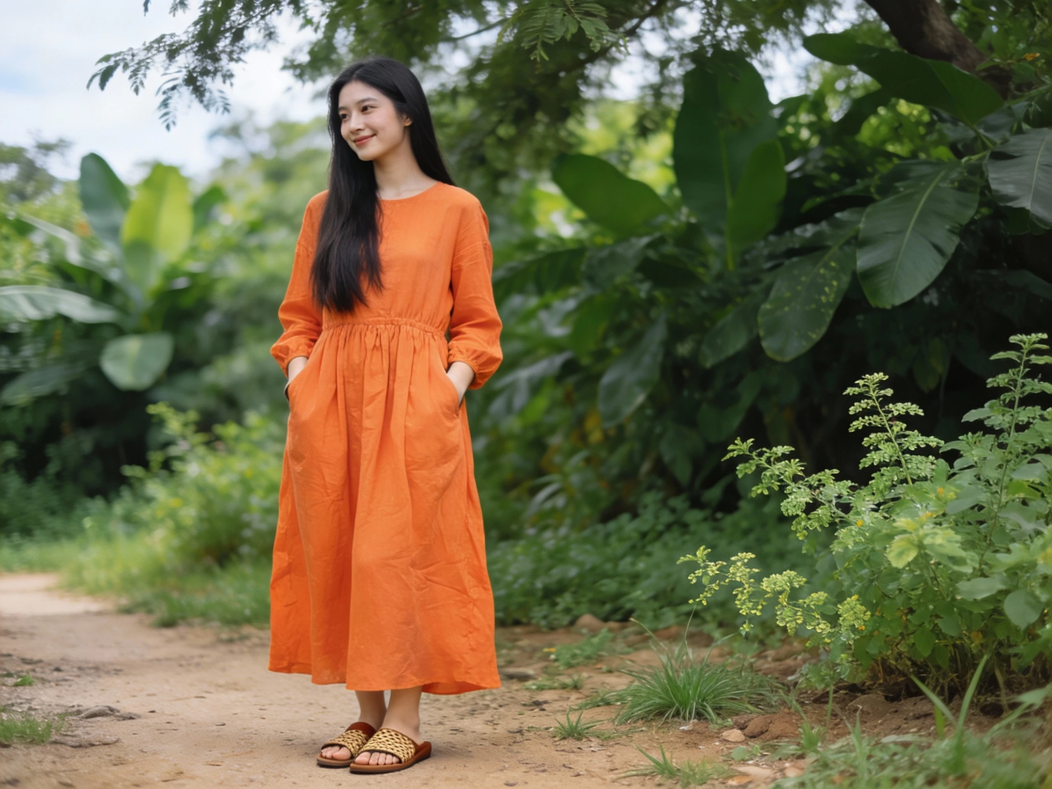 Woman In Orange Dress On Path