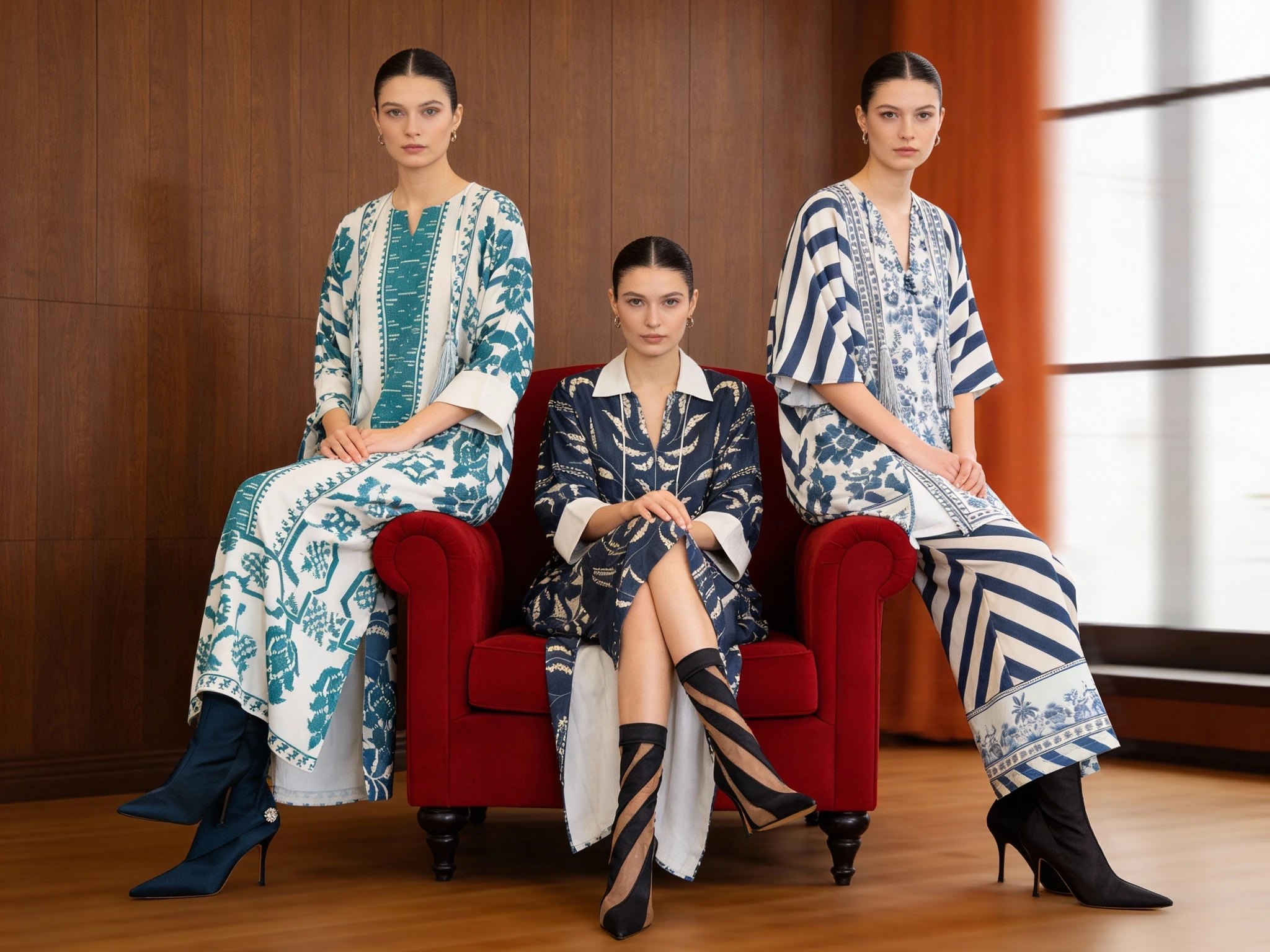 Three Women On Red Armchair