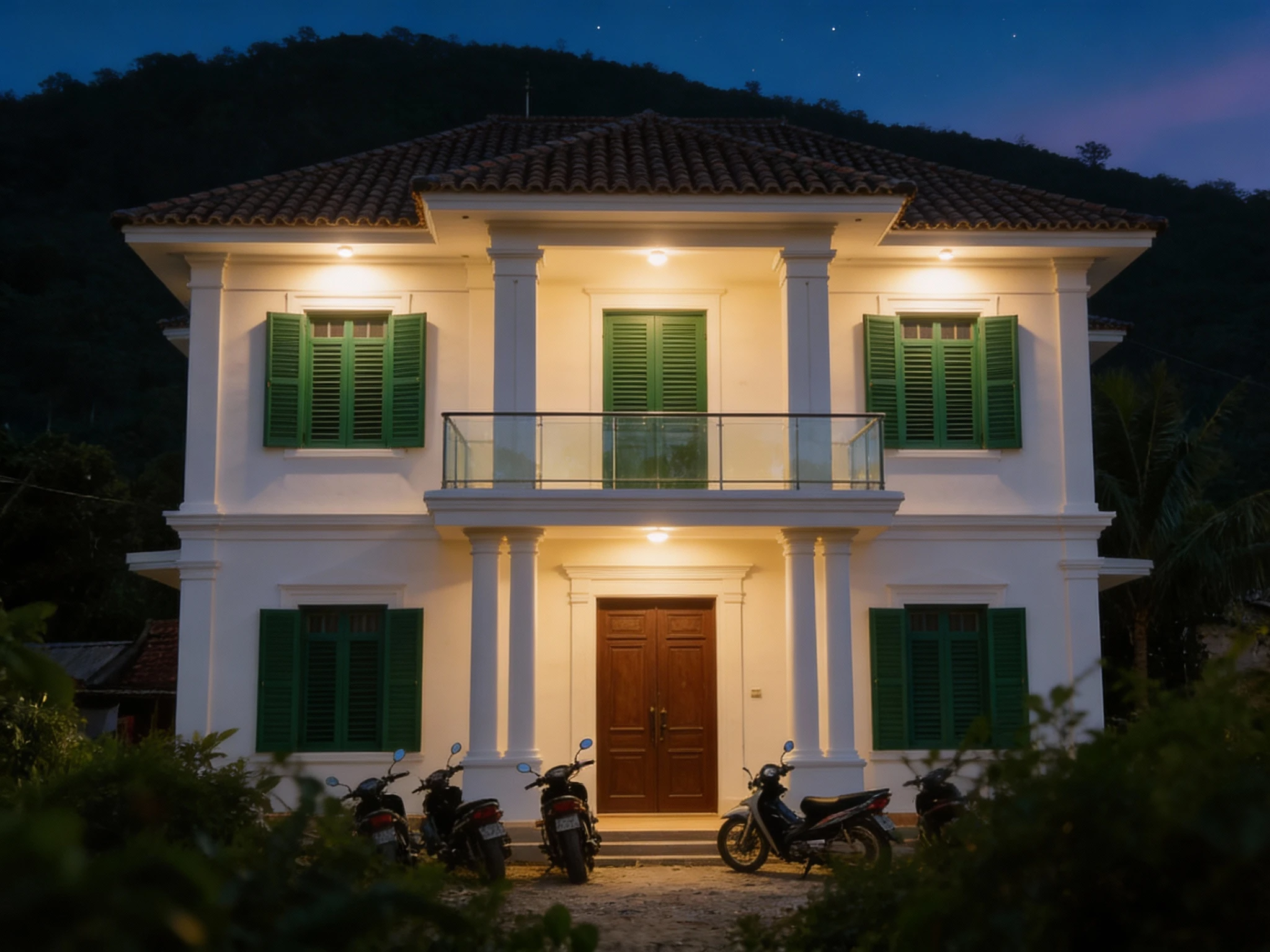 Colonial House At Night With Motorcycles