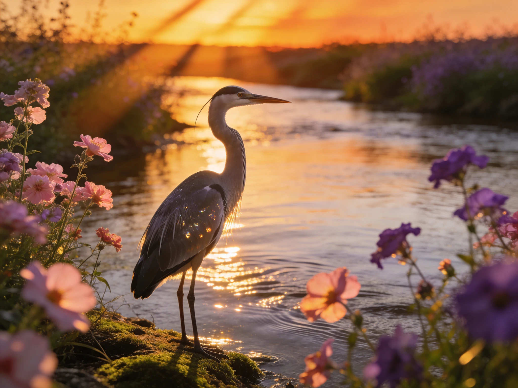 Heron On Riverbank At Sunset