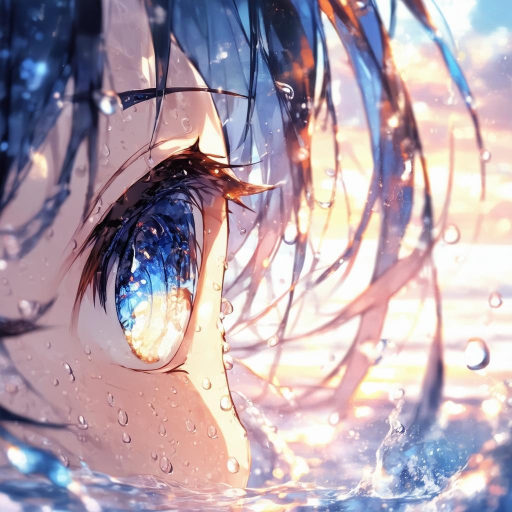 Anime Eye in a Kaleidoscope of Droplets