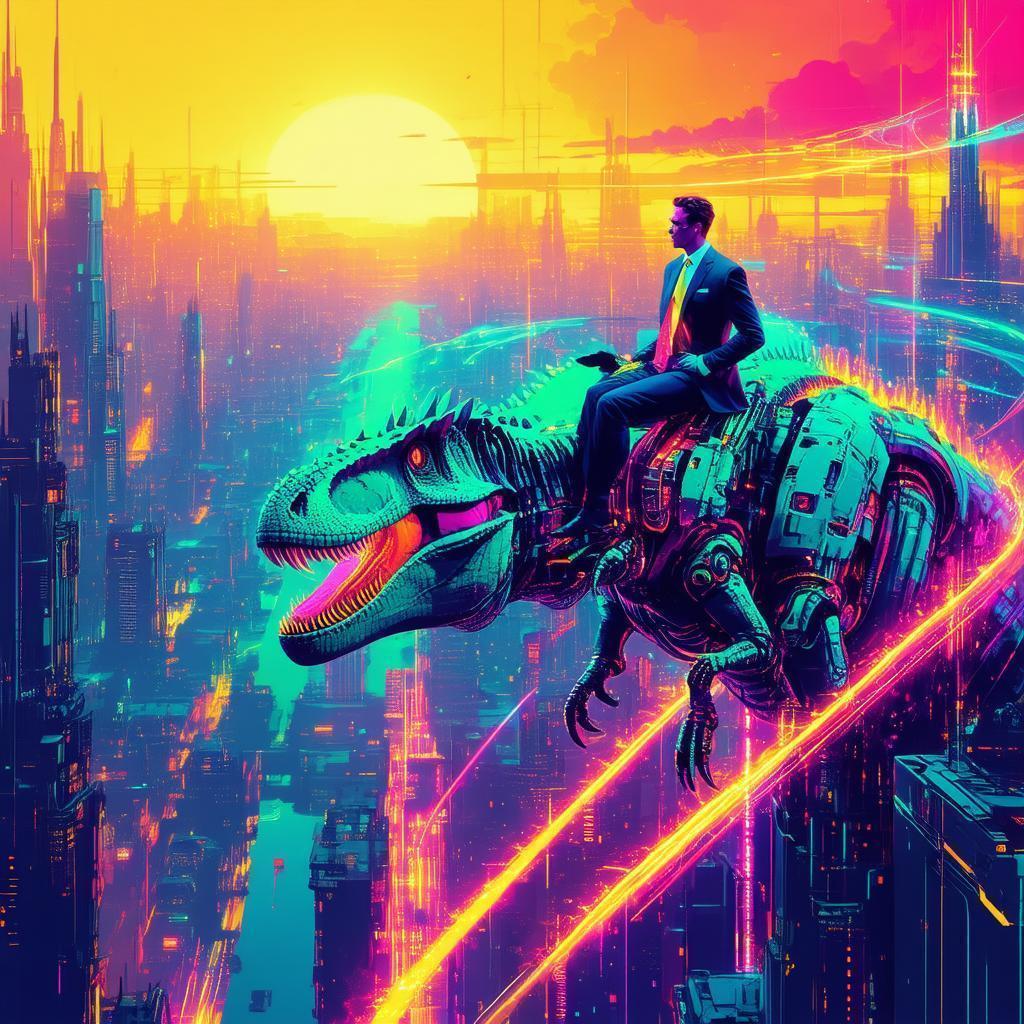 Businessman Rides a Neon Drenched Dinosaur