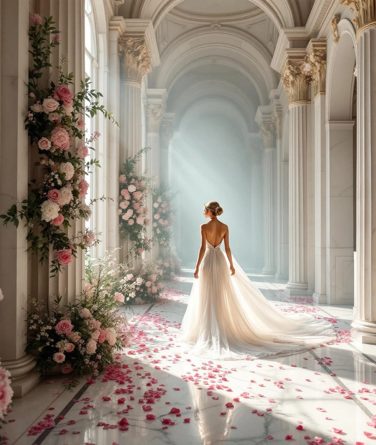 Marble Corridor With Rose Petals