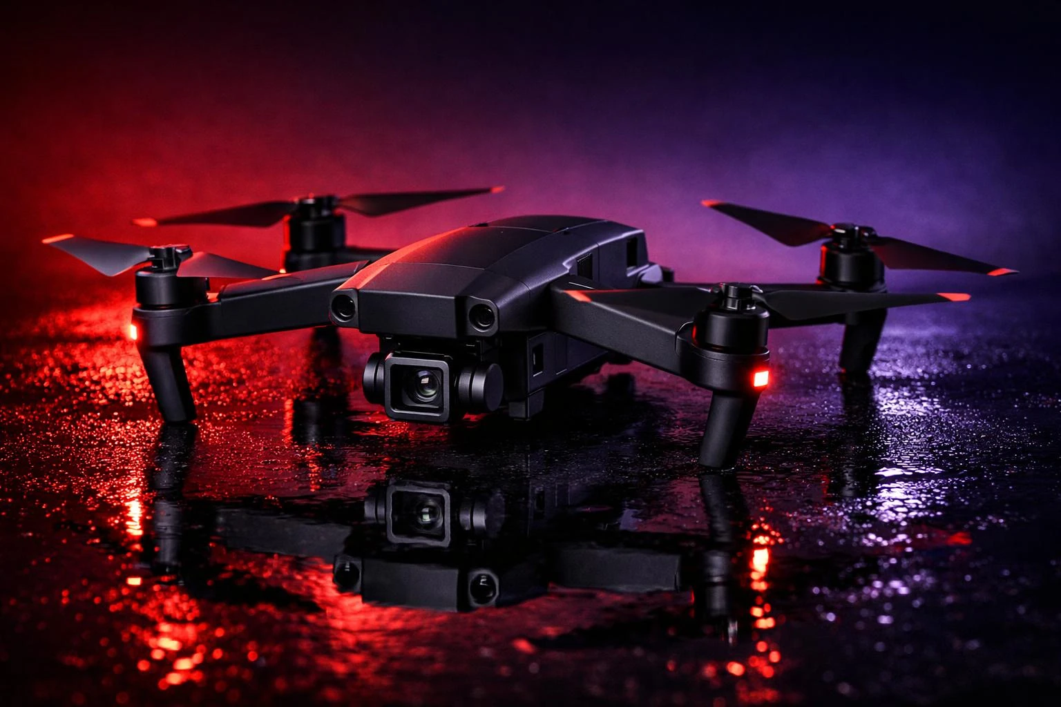 Matte Black Drone On Wet Asphalt