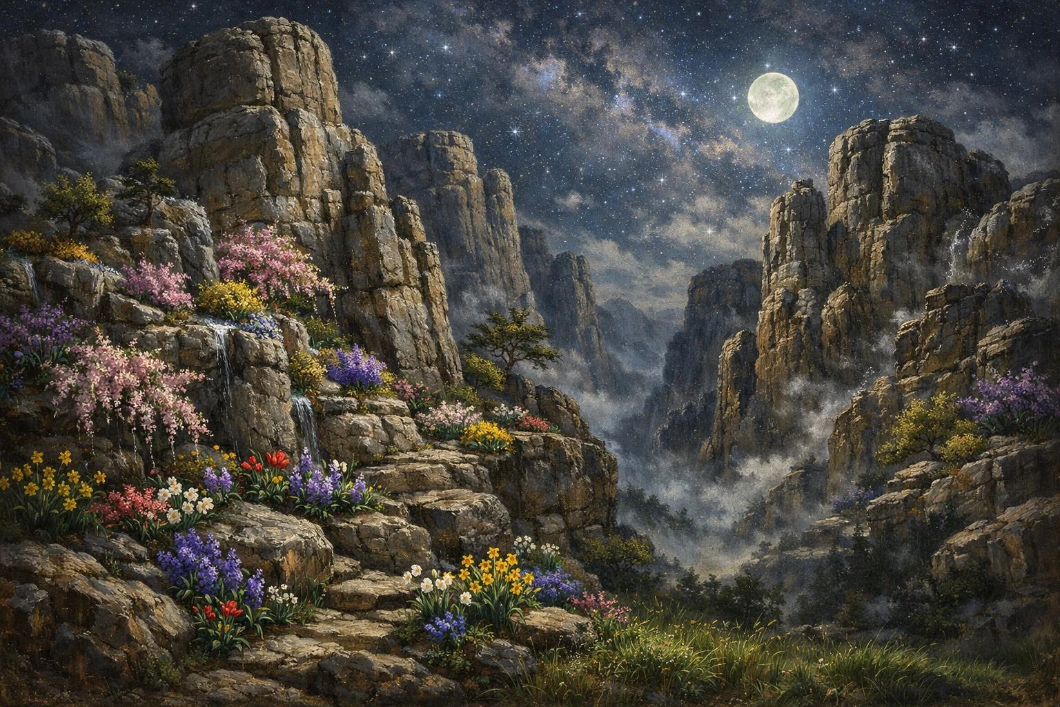 Moonlit Stone Formations At Night