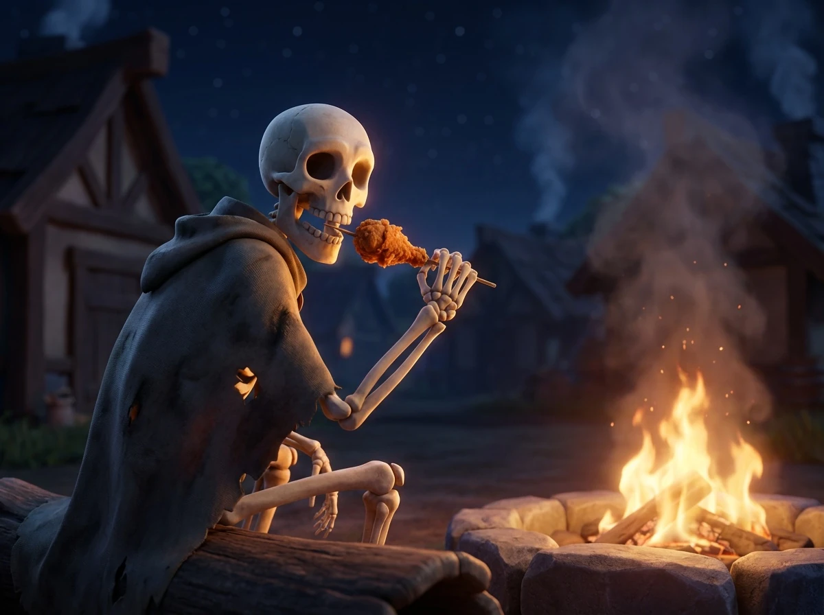 Skeleton Eating By The Fire