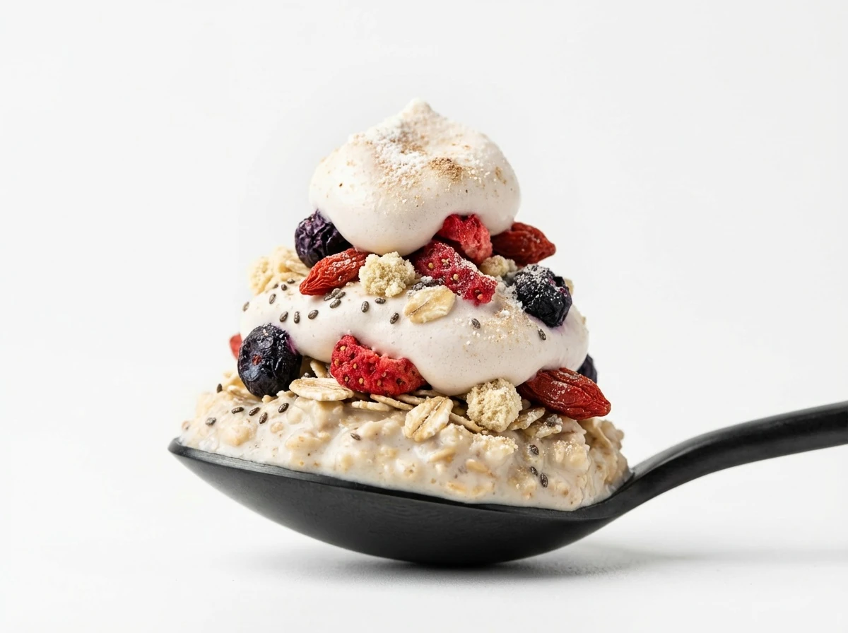 Layered Oats On A Black Spoon