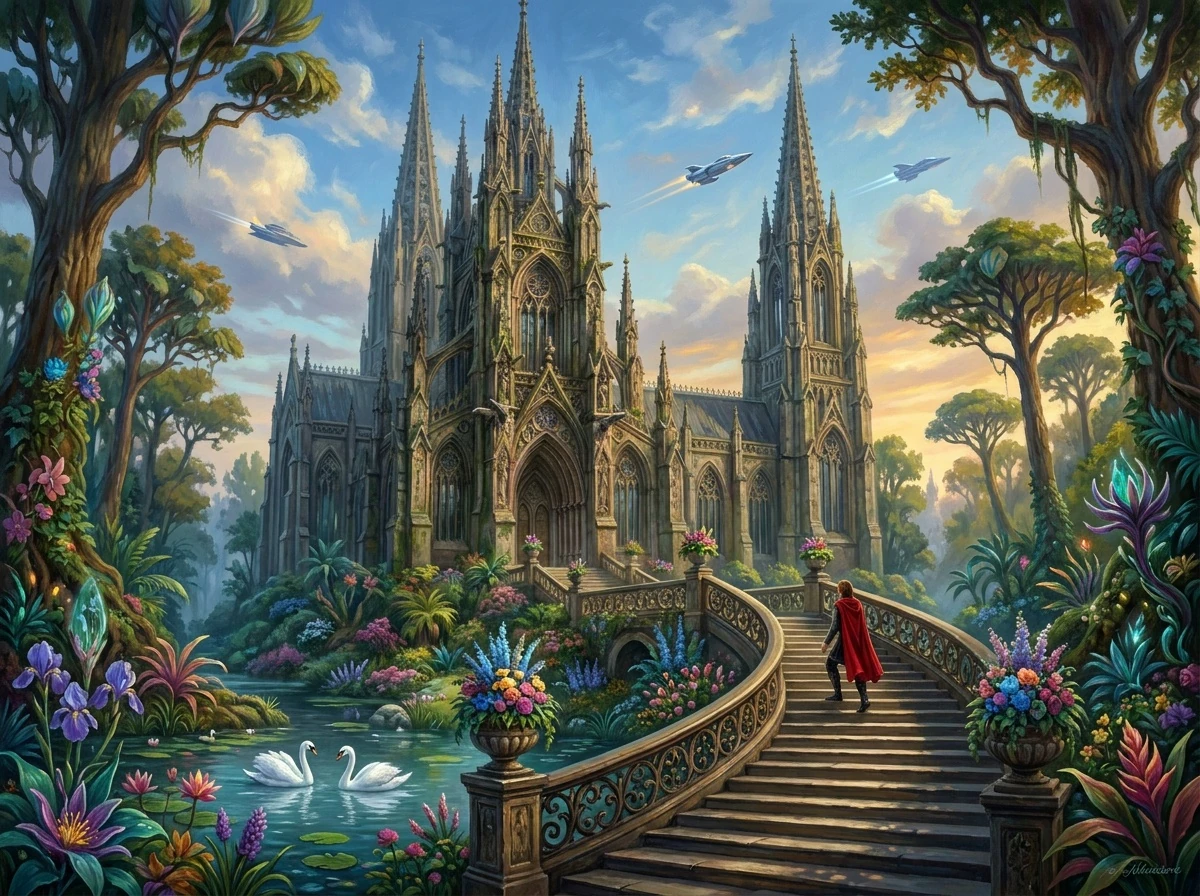 Gothic Cathedral With Swan Pond