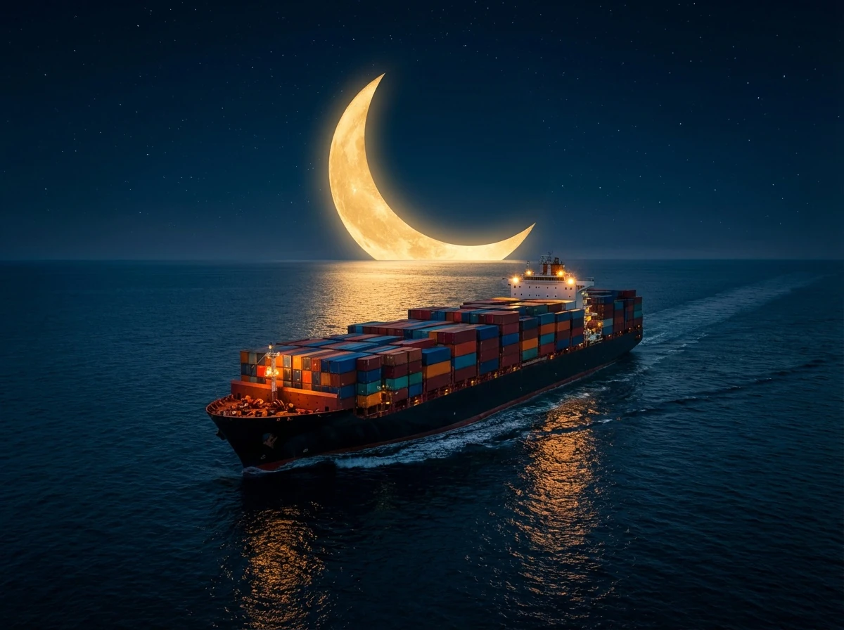 Cargo Ship Under Crescent Moon