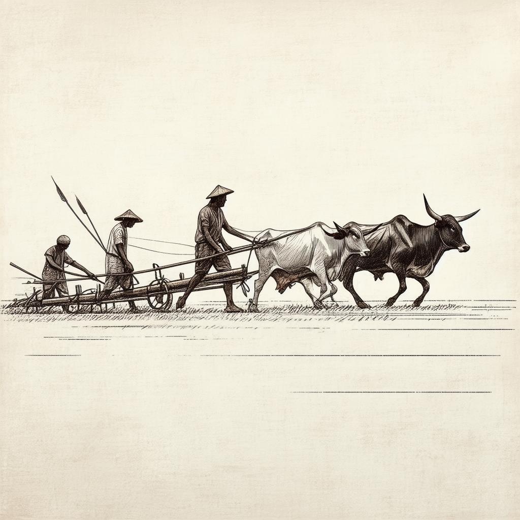 Peasants Plough With Oxen in Whiteboard Lines